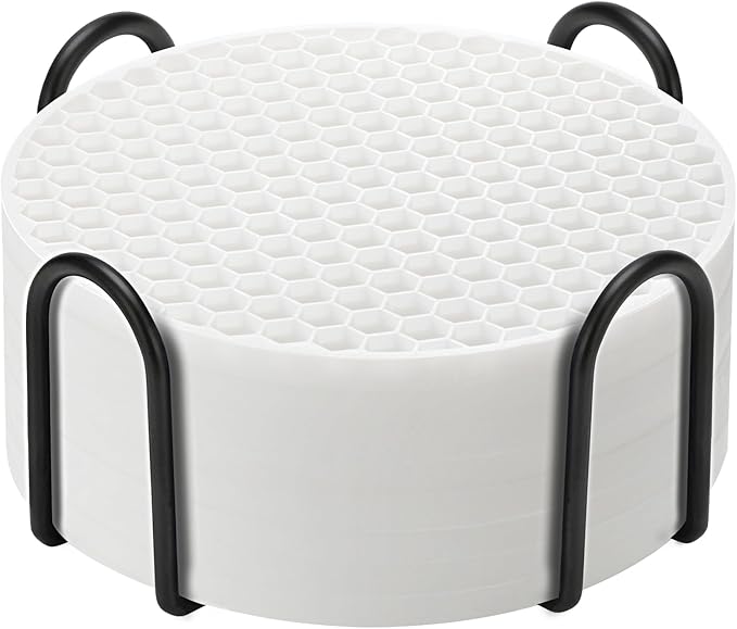 Silicone Coasters Set of 8 with Holder, Drinks Coasters, Beer & Coffee, Suitable for All Cups, Hot or Cold, Anti-Slip, Non-Stick, Anti-Overflow Tabletop Protection and Decor (8 Pcs, White)