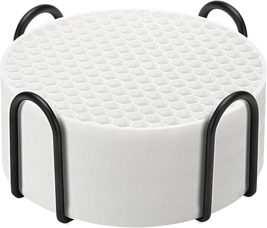 Silicone Coasters Set of 8 with Holder, Drinks Coasters, Beer & Coffee, Suitable for All Cups, Hot or Cold, Anti-Slip, Non-Stick, Anti-Overflow Tabletop Protection and Decor (8 Pcs, White)