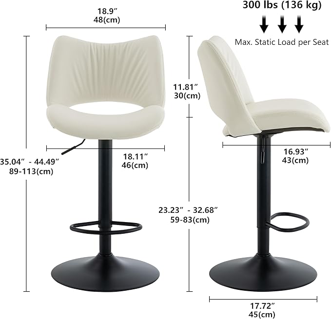 YOUNIKE Modern Bar Stools Set of 2, White PU Leather Upholstered Barstools, Swivel Adjustable Armless Counter Stool, Ergonomic Hollow Mid Backrest Bar Chair for Kitchen Island, Home Bar Counter