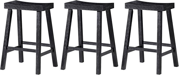 Maven Lane Kitchen Bar Stool, Modern Farmhouse Wood Counter Barstool, Kitchen Island Stool, Counter Height Bar Stools for Kitchen, Wide Seat Backless Bar Stools, Vincent 26", Antiqued Black, Set of 3