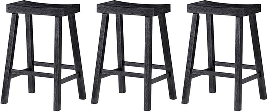 Maven Lane Kitchen Bar Stool, Modern Farmhouse Wood Counter Barstool, Kitchen Island Stool, Counter Height Bar Stools for Kitchen, Wide Seat Backless Bar Stools, Vincent 26", Antiqued Black, Set of 3