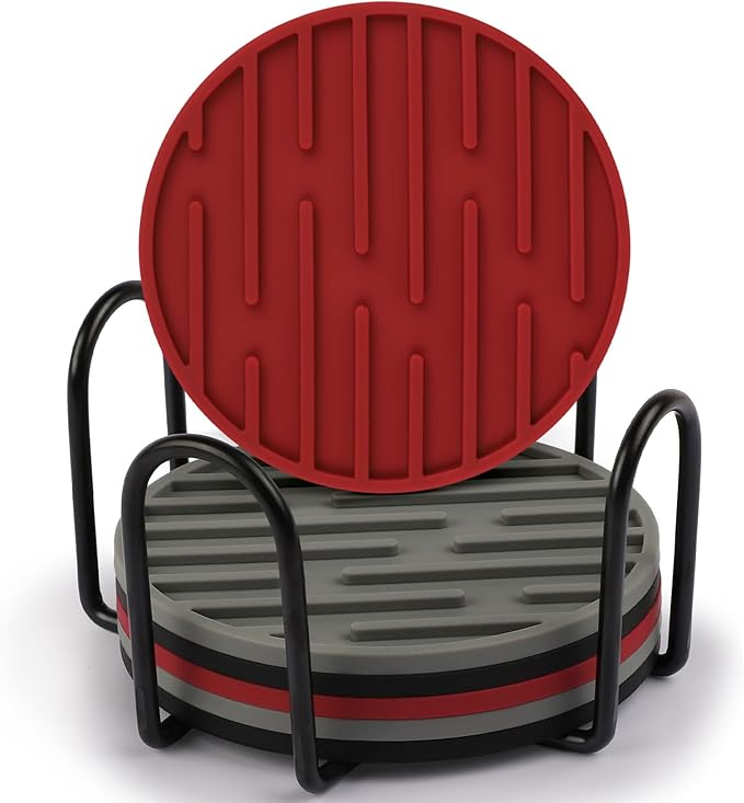 Silicone Coasters for Drinks Coaster Set of 6 pcs Cup Coasters with Holder for Coffee Table for Home Decor for Kinds of Cups Cute Tabletop Protection Suitable Gift for Friend Rubber Drink Coaster Set