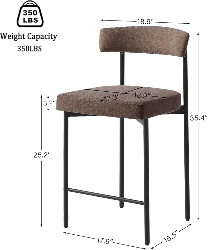 Grey Modern Bar Stools Set of 2, 24 Inch Counter Stools with Curved Backrest, Counter Height Bar Stools for Kitchen Island
