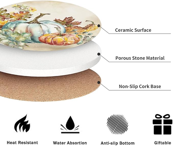 Fall Drink Absorbent Coasters with Holder Set of 6, Ceramic Stone with Cork Base, Watercolor Vintage Orange Pumpkin and Sunflowers Coaster for Drinks, Gift for Housewarming Room Bar Home Decor Kitchen