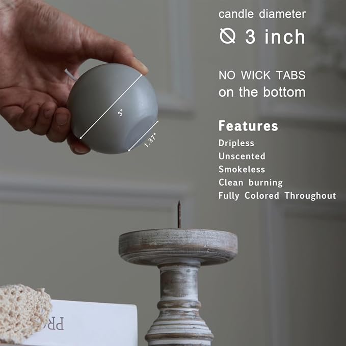 MOZEAL Hand-Poured, 3 Inch Gray Round Ball Candles - Elegant Gray Round Pillar Candles Set of 3, Dripless, Unscented, Smokeless, Ideal for Modern Home Decor.