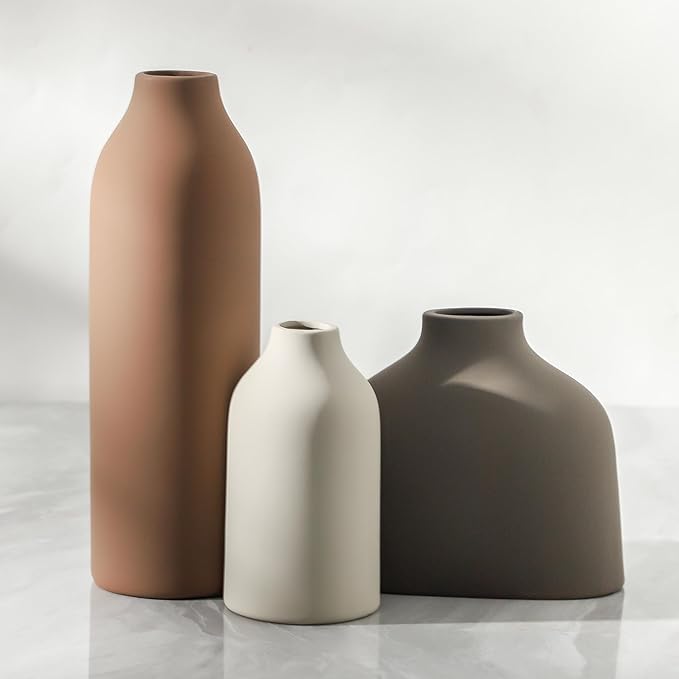 Ceramic Vase Set of 3,Flower Vase Home Decor,Rustic Modern Farmhouse Decor Pottery Vases, Pampas Grass Dried Fresh Flowers,Bedroom,Living Room,Bookshelf Decoration, Centerpiece Table Decor,Boho Decor.