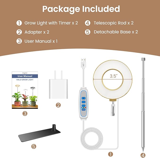 Kullinss Grow Light, 48 LEDs Full Spectrum Plant Lights for Indoor Growing with Detachable Base, 6/12/16H Timer, 3 Color Modes, Height Adjustable, Ideal Small Plant Grow Light for Succulents, Herbs