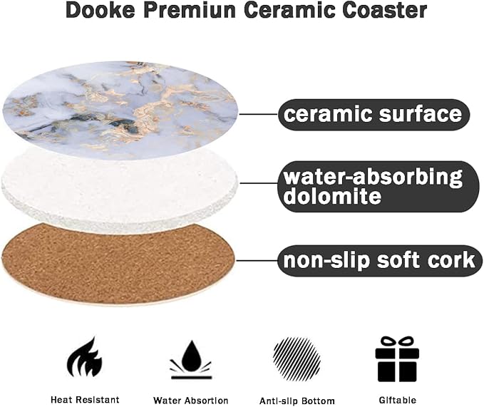 DOOKE Drink Coasters Set of 6, Round Absorbent Ceramic Stone Coasters with Cork Base, Funny Drink Coasters with Holder for Cold Drinks Wine Mugs and Cups, 4 Inch, Marble