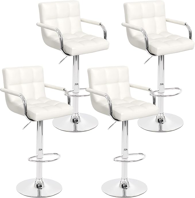 Modern PU Leather Bar Stools Set of 4, Adjustable Swivel Square Bar Chairs, Counter Height Barstools with Arms and Large Base for Island/Kitchen(White)