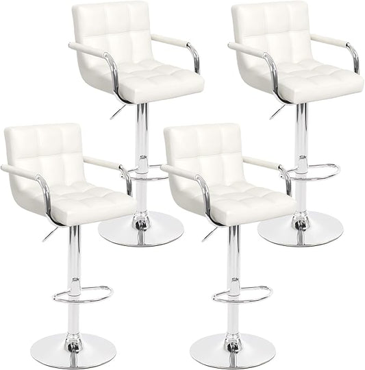 Modern PU Leather Bar Stools Set of 4, Adjustable Swivel Square Bar Chairs, Counter Height Barstools with Arms and Large Base for Island/Kitchen(White)