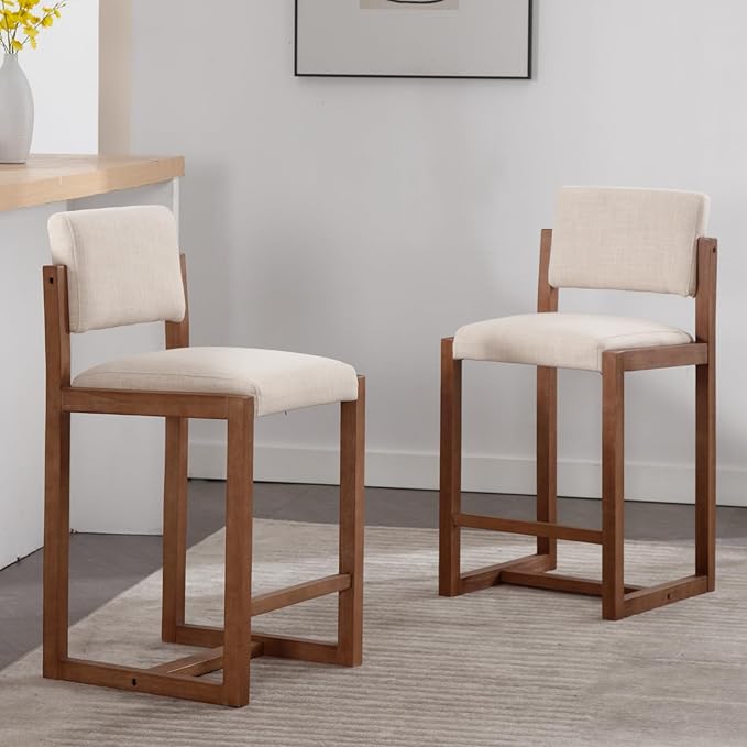 Mid-Century Bar Stools Set of 2, 26 Inch Modern Counter Stools Linen Fabric Bar Chairs with Backrest Wooden Frame for Kitchen Island Dining Room, Beige