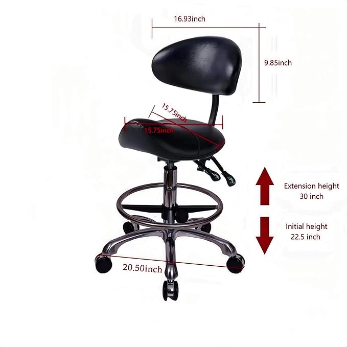Saddle Stool Chair with Backrest and Foot Ring, Ergonomic Rolling Esthetician Seat for Salon, Tattoo Shop, Spa, Facial lash Home, Dentist Clinic, Esthetician Chair, Black