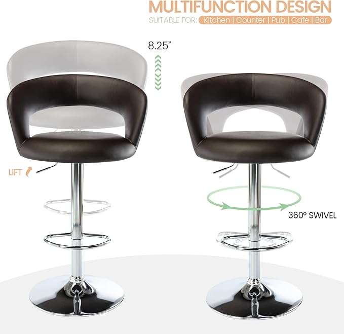 Brage Living Wide Bar Stool, Modern PU Leather Swivel Adjustable Barstool with Hollow Back and Arms, Upholstered Airlift Counter Height Bar Chair for Kitchen Dining (Dark Brown)