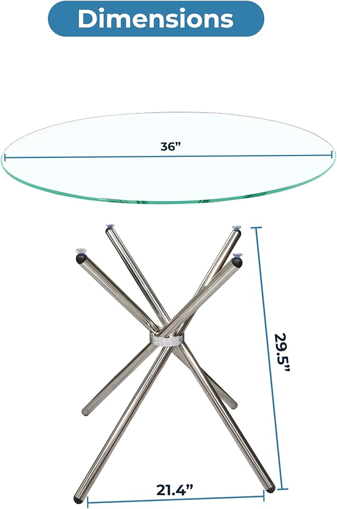 Fab Glass and Mirror 30" Flat Round Hydra Dining Table – Clear 1/2-Inch Thick Glass Top with Chrome Finish Base – Elegant Dining Table for Kitchen or Dining Room