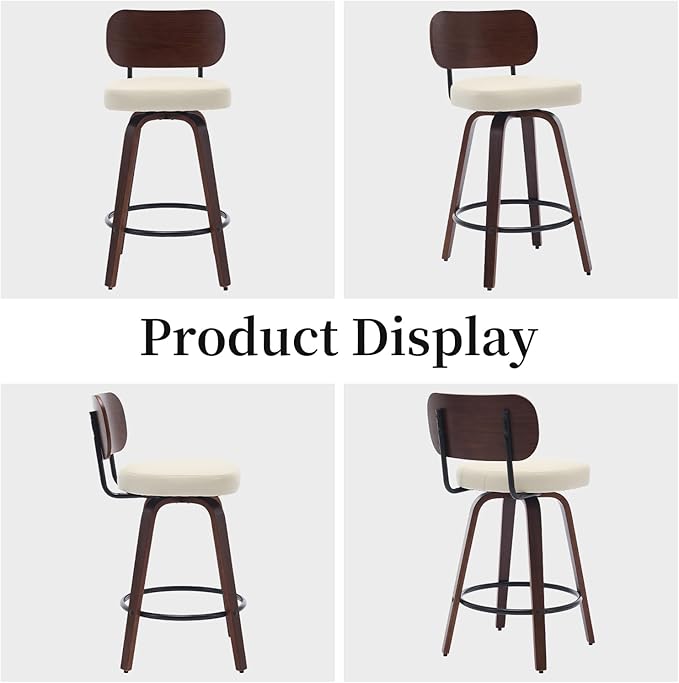 Counter Stools Set of 4, 26 inch Swivel Counter Height Bar Stools with Walnut Back,Upholstered PU Leather, Bentwood Legs, Mid Century Modern Bar Chairs for Kitchen Island, Beige