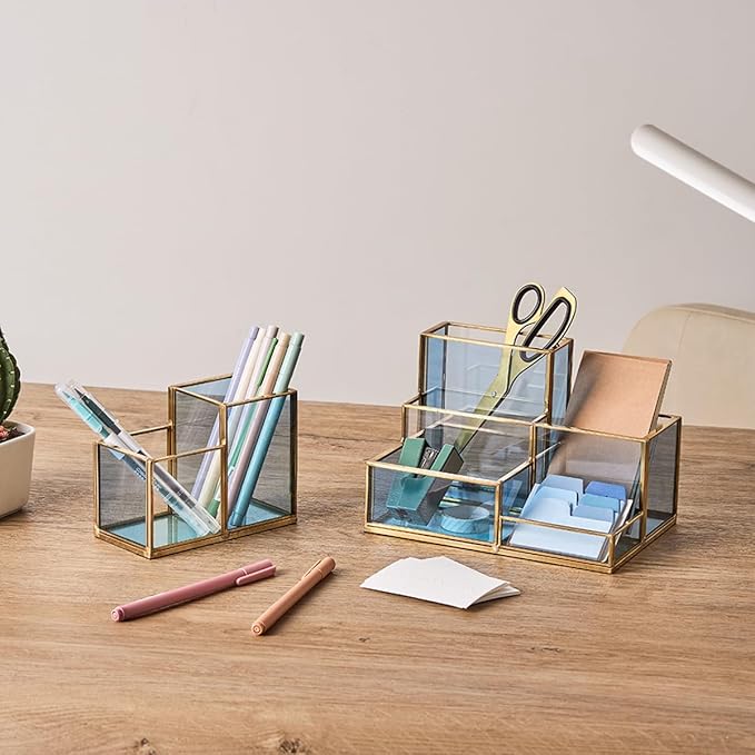 Gold & Blue Glass Desk Organizer - Elegant Office Decor, Aesthetic Makeup Brush Holder, 2-Compartment Pen Holder, Pencil Cup, Vanity & Cosmetic Storage, Desk Accessories for Women
