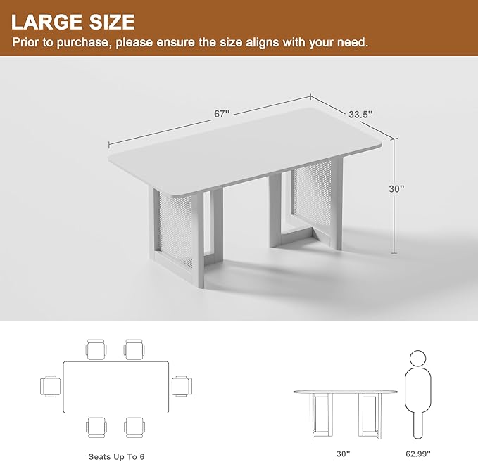 Casaphoria 67" Dining Table, Wicker Base Modern Kitchen Table for 4-6, Farmhouse Style with Rectangular Top & Wicker Base, Easy Assembly for Living Room, Kitchen, Natural Wood