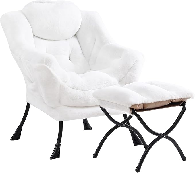 Cozy Lazy Chair and Ottoman, Large Contemporary Accent Lounge Chair Set, Leisure Upholstered Reading Armchair for Bedroom, Living Room, Dorm Rooms, Office