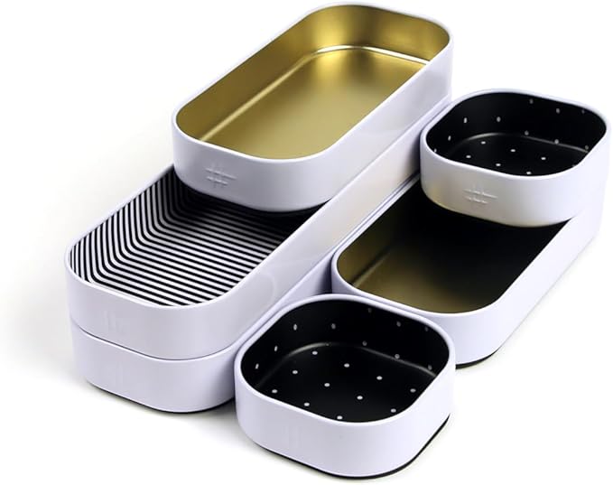 Three by Three Seattle 6 Piece Shallow Metal Organizer Tray Set for Storing Makeup, Stationery, Utensils, and More in Office Desk, Kitchen and Bathroom Drawers (1 Inch, Gold Dots and Stripes)