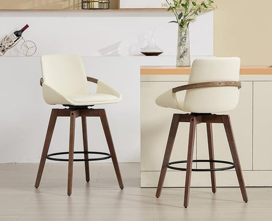EALSON Swivel Counter Height Bar Stools Set of 2 Mid Century Modern Natural Wood Barstools with Back and Arms Comfortable Leather Upholstered Counter Stools Bar Chairs for Kitchen Island, Beige