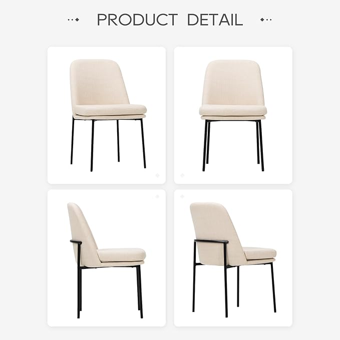 COLAMY Modern Dining Chairs Set of 2, Fabric Upholstered Dining Room Chairs Dinner Chair Stylish Kitchen Chairs with Curved Back and Metal Legs, Beige
