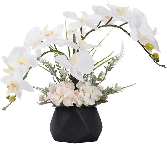 LESING Artificial Potted Orchid Flower for Table Centerpieces,Real Touch White Fake Orchid Flowers in Vase for Home Decoration (Style 2,Black Vase)