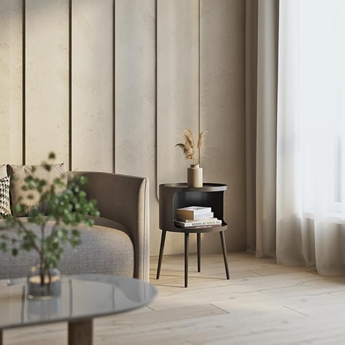 Modern Side Table,Round end Table with Open Storage,Metal nightstand,Bedside Table for Living Room,Bedroom