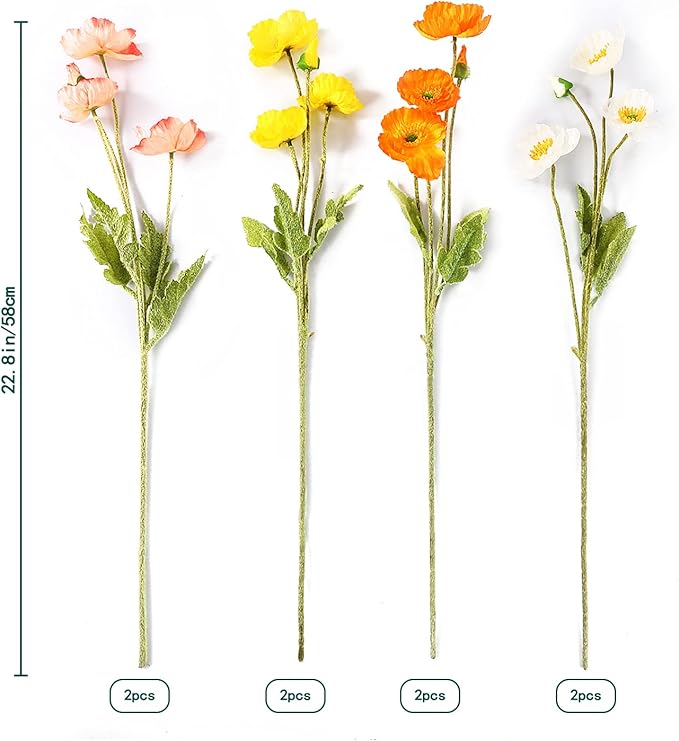 Artificial Poppy Flowers, 8 Bundles Faux Poppies with Stems for Floral Arrangements - Wedding, Home, Office, Party Table Centerpiece Decor