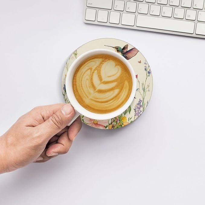 Watercolor Spring Hummingbird Coasters for Drinks Absorbent Ceramic Coaster Set of 4 for Coffee Table Cup Bar Desk Round Coasters Mat with Cork Base Seasonal Home Decors