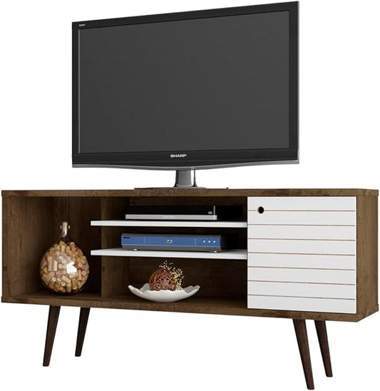 Manhattan Comfort Liberty Mid Century Modern TV Stand for Televisions up to 50 Inches, Bedroom and Living Room Entertainment Center with Storage, Shelves, and Cabinet, 53" Wide, Rustic Brown/White