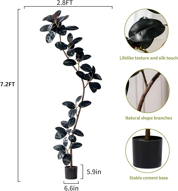 7.2ft Artificial Rubber Tree Faux Plants Indoor Faux Floor Artificial Trees Indoor,Fake Plant Fake Tropical Plants,Large Floor,Real Touch Rubber Tree for Home Decor