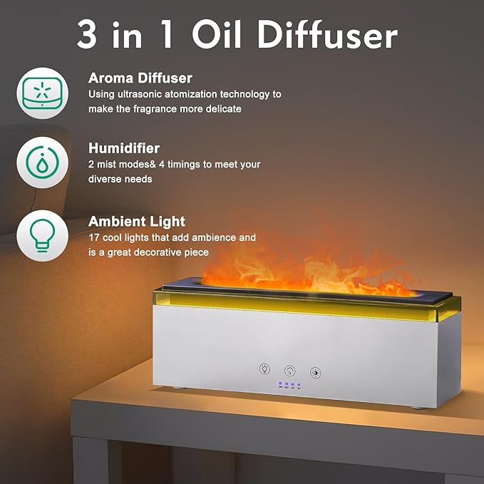 NEWYID Essential Oil Diffuser, Ultrasonic Full Touch Screen Flame Diffuser Humidifier with 17 LED Lights& 4 Timer Waterless Auto-Off, Aroma Diffuser for Large Room Home-White