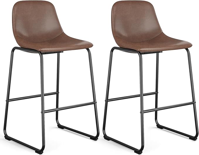 Rfiver Pu Faux Leather Bar Stools Set of 2, Industrial Pub Barstools with Back and Footrest, Modern Armless Bar Height Stool Chairs (Brown, 30" Barstool x2)