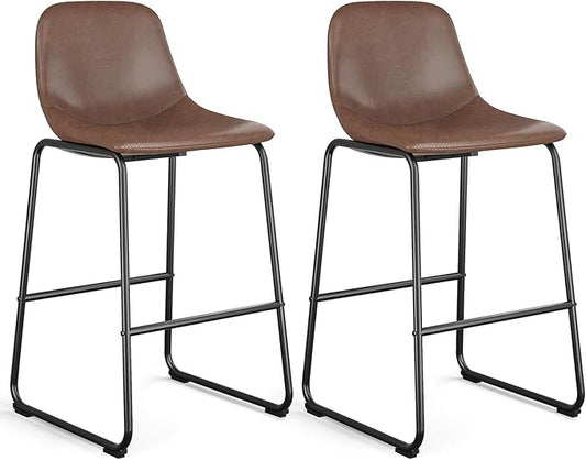 Rfiver Pu Faux Leather Bar Stools Set of 2, Industrial Pub Barstools with Back and Footrest, Modern Armless Bar Height Stool Chairs (Brown, 30" Barstool x2)
