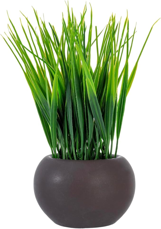 MyGift 7 Inch Tall Modern Mini Artificial Grass Plants in Small Round Brown Ceramic Pots, Decorative Tabletop Faux Greenery Indoor Home Decor, Set of 3