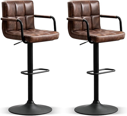 Furniliving Bar Stools Set of 2 with Back, Modern Square PU Leather Kitchen Stools with Armrest, Adjustable Counter Height Barstools for Kitchen Bar Pub Cafe (Darkbrown)