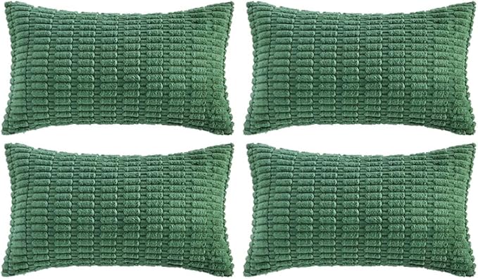 Fancy Homi 4 Packs Green Decorative Throw Pillow Covers 12x24 Inch for Living Room Couch Bed, Holiday Christmas Home Decor Gift, Soft Plush Corduroy Cute Square Accent Cushion Case 30x60 cm