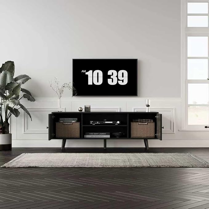 Modern TV Stand with Storage Cabinet, Wood Fashionable TV Cabinet with Waveform Panel and Adjustable Shelf, Entertainment Center TV Stand for TV, Living Room (Advanced Black