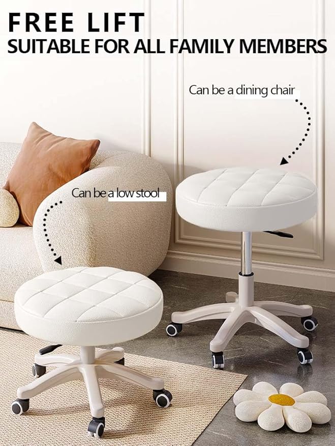 Small Chair Round Rolling Stool with Wheels PU Leather Height Adjustable Swivel Drafting Work SPA Salon Stools Home Office Chair