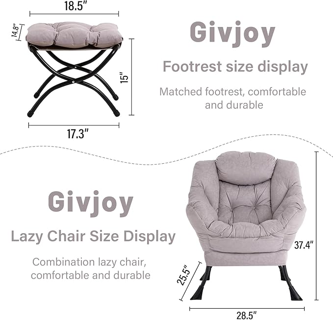 Lazy Chair and Ottoman, Large Accent Lounge Chair with Armrests and a Side Pocket, Modern Leisure Upholstered Sofa Reading Armchair with Footrest for Bedroom, Living Room, Dorm Rooms, Office