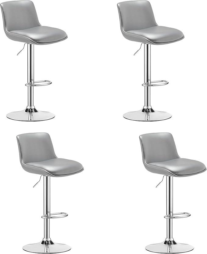 MINCETA Bar Stools,Modern Upholstered Swivel Stool with Back for Bar and Counter Height, Adjustable Height 24" to 34",Set of 4,PU in Sliver
