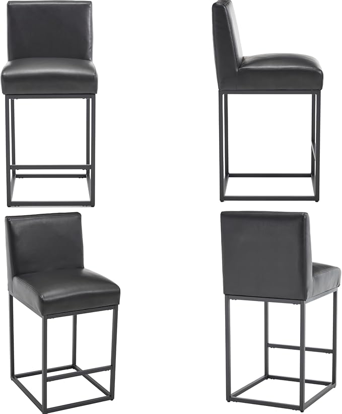 VESCASA Faux Leather 27 inches Counter Height Bar Stools with Padded Back, Modern Upholstered Counter Stool Chairs with Black Metal Frame for Kitchen Island, Set of 6, Black