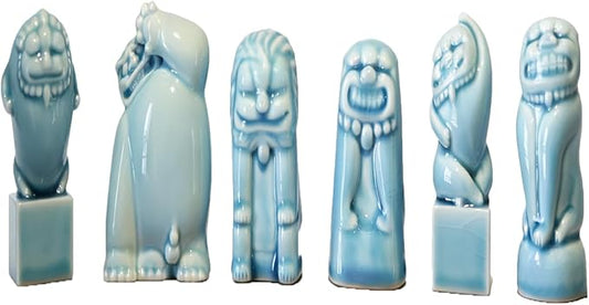 Ceramic Fengshiyeh Statues Set, Traditional Culture Figurines, Handcrafted Porcelain Decor for Home Office, Lucky Guardian Lions Sculptures as Unique Gift (6, 6 Pice)