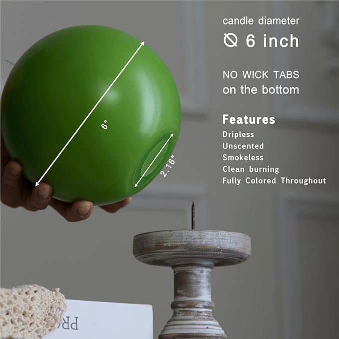 MOZEAL Hand-Poured, 6 Inch Lime Green Large Round Ball Candles - Elegant Lime Green Round Pillar Candles, Dripless, Unscented, Smokeless, Ideal for Spring Celebrations.