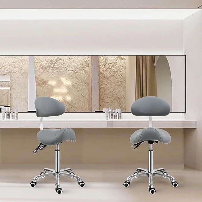 Antlu Saddle Stool Chair with Back Support - Ergonomic Esthetician Seat Saddle Stool for Salon Tattoo Spa Medical Dentist Clinic (with Backrest, Grey)