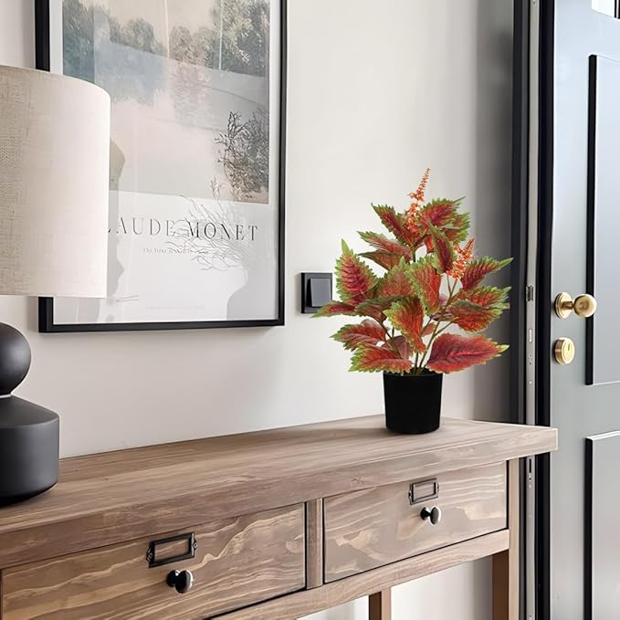 Artificial Plants Indoor with Pot 16.9" Faux Potted Perilla Plants Indoor Decorative Silk Greenery in Black Pot for Farmhouse Home Bathroom Living Room Office Table Shelf Decor