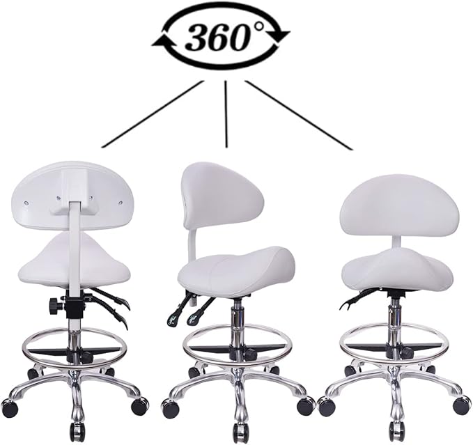 Saddle Stool Chair with Back with Foot Ring Rolling Esthetician Seat for Salon Tattoo Shop Spa Facial lash Home Dentist Clinic Esthetician Chair(with Backrest with Foot Ring, White)