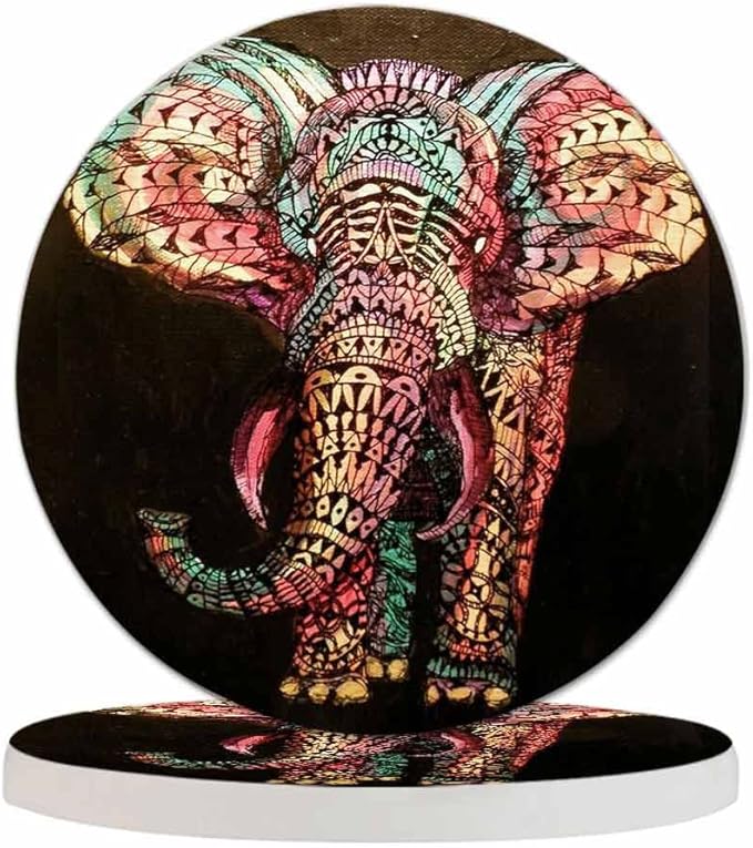 Tribal Elephant Table Coasters for Drinks Vintage Boho Colourful African Animal Isolate Portrait 100% Diatomite Home and Dining Room Bar Decor 4 X 4 X 0.35 Inch for Men Women