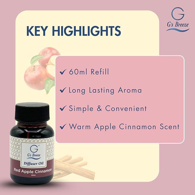 G's Breeze Red Apple Cinnamon Diffuser Oil Refill - Blend of Ripe Apples & Spicy Cinnamon Scent - Transform Any Space with Invigorating Fragrance – Ideal for Home & Office – Long-Lasting Aroma - 60 ML