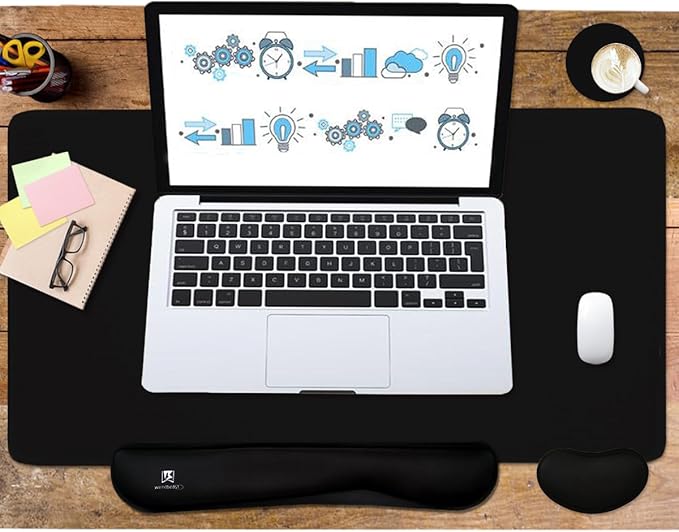 4-in-1 Large Gaming Mouse Pad, Keyboard Wrist Rest Pad & Wrist Support Mousepad Set, Extended Desk Pad Waterproof Desk Mat for Home Office Study Game-Black